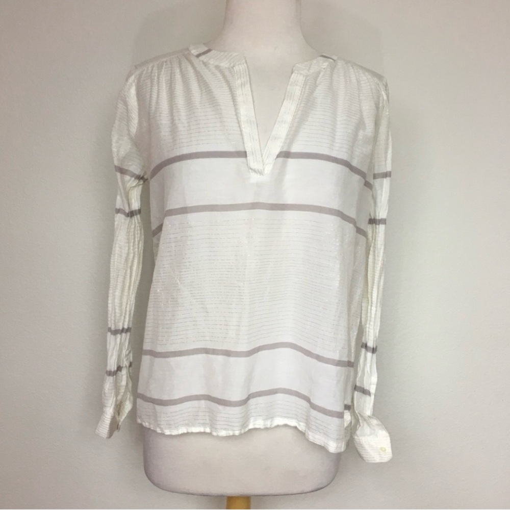 3/$25 LOFT Women's Ivory Gold Metallic Stripe Blouse Top Size XS Coastal Classic